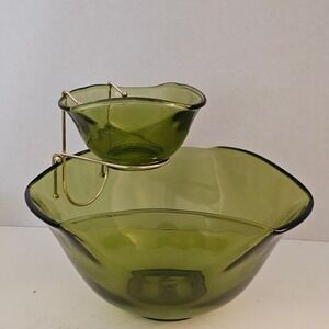 Indiana Glass Olive Green Chip N Dip Salad Set 3 Piece Vintage MCM 7979 w/ Box